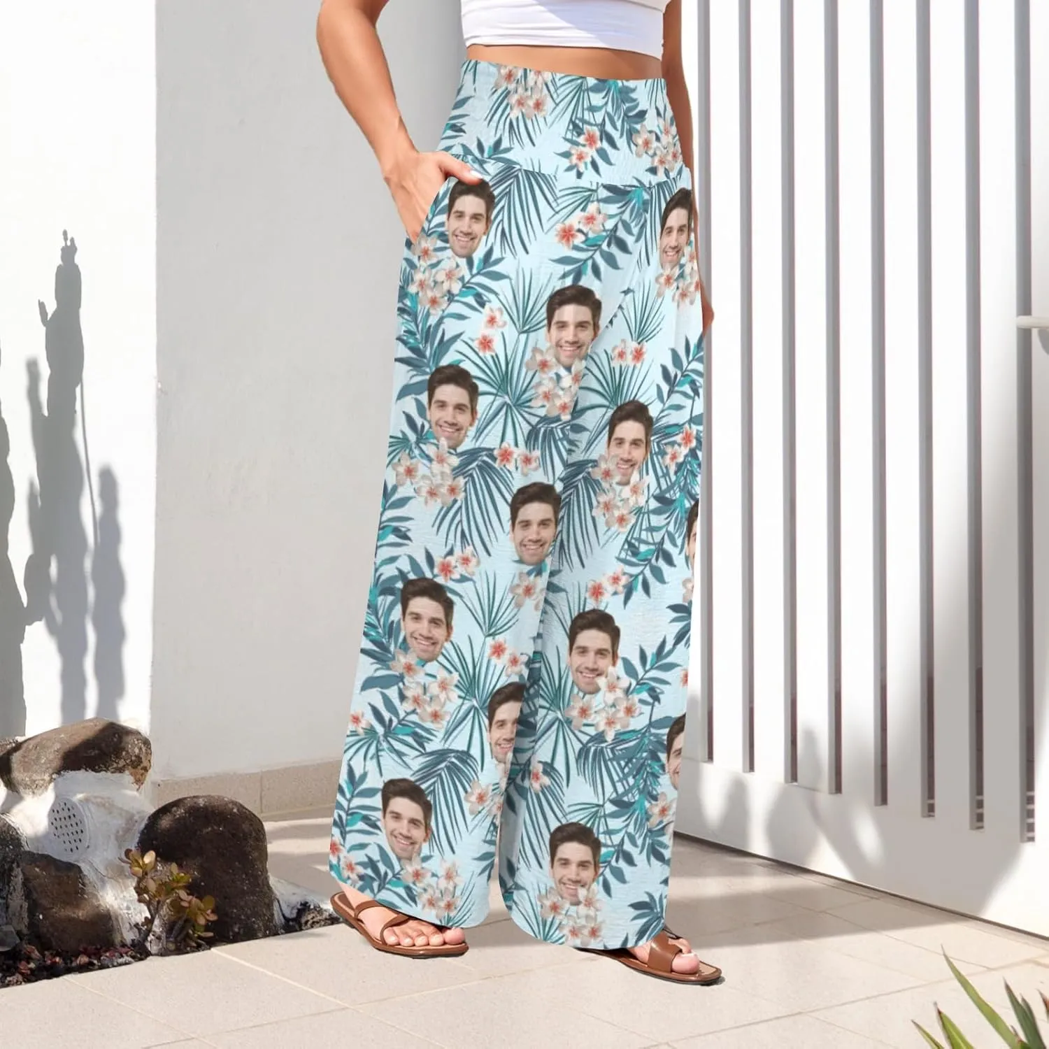 Custom Face Wide Leg Pants for Women Personalized Summer Beach Flowy High Waist Trousers with Pockets 2024 Fun Gift