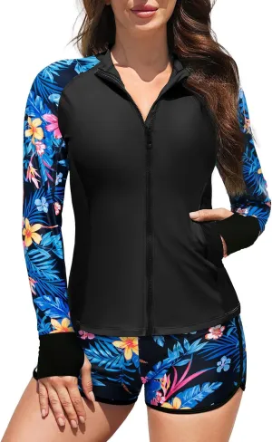 Daci Women's Long Sleeve Rash Guard - 2 Piece Zip Front Swimsuit with Zipper Pockets Swim Shirt and Shorts 2025