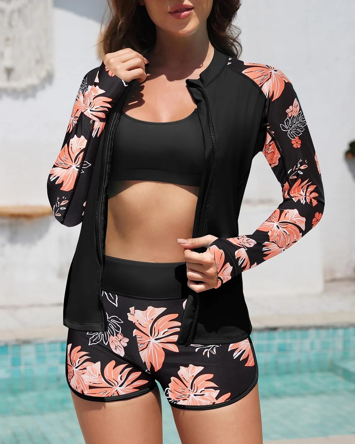 Daci Women's Long Sleeve Rash Guard - 2 Piece Zip Front Swimsuit with Zipper Pockets Swim Shirt and Shorts 2025
