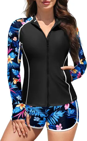 Daci Women's Long Sleeve Rash Guard - 2 Piece Zip Front Swimsuit with Zipper Pockets Swim Shirt and Shorts 2025