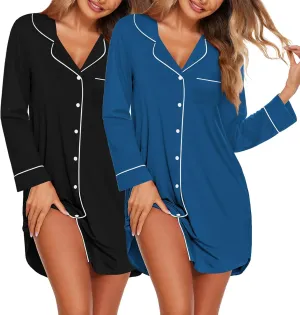 Ekouaer 2 Pack Nightgowns for Women Long Sleeve Night Shirt Button Down Sleep Shirt V-Neck Sleep Dress Pajama Sleepwear