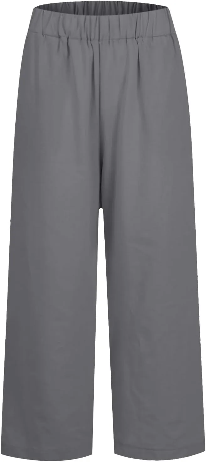 Elastic Waist Linen Pants Women Cropped Wide Leg Plus Size Crop Pants Lightweight Summer Beach Trousers with Pockets