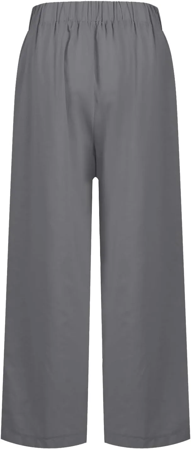 Elastic Waist Linen Pants Women Cropped Wide Leg Plus Size Crop Pants Lightweight Summer Beach Trousers with Pockets