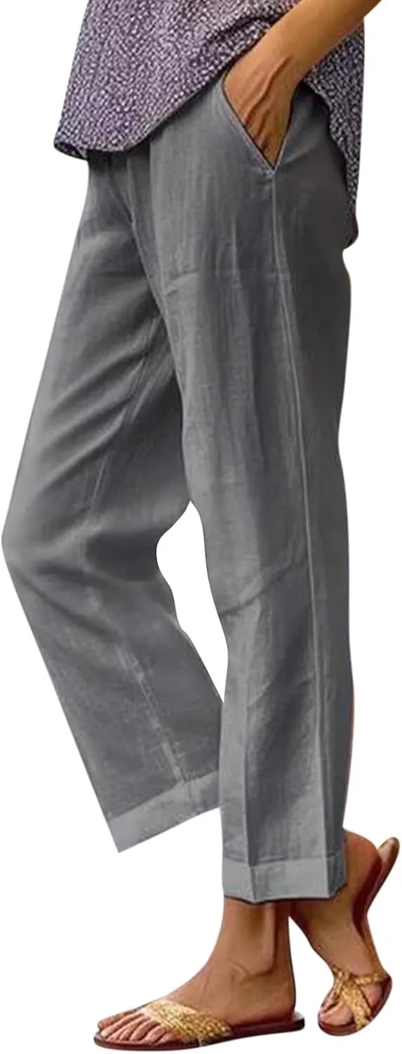 Elastic Waist Linen Pants Women Cropped Wide Leg Plus Size Crop Pants Lightweight Summer Beach Trousers with Pockets