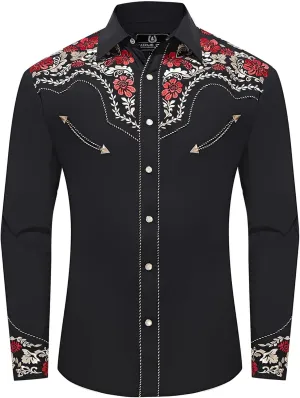 Embroidered Western Cowboy Shirts for Men Snap Button Long Sleeve Shirt with Western Cowboy Embroidery