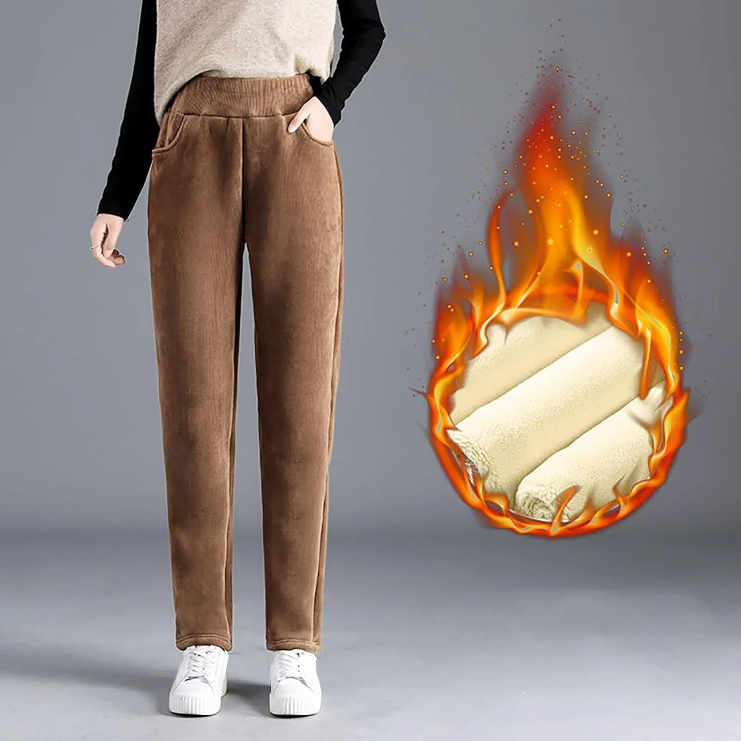Fleece Lined Corduroy Pants for Women Winter Thermal Sweatpants Plush Sherpa High Waist Trousers Thick Jogger Pants