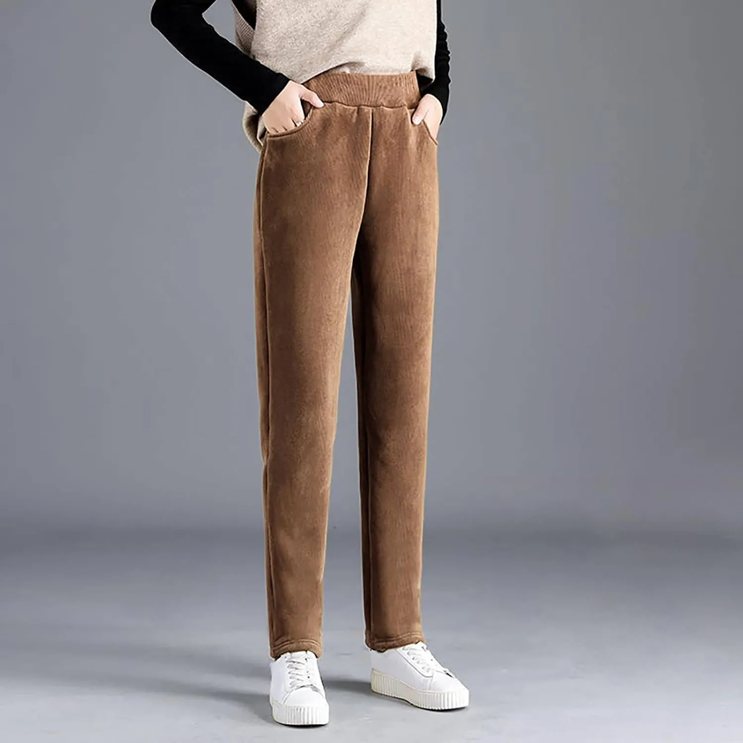 Fleece Lined Corduroy Pants for Women Winter Thermal Sweatpants Plush Sherpa High Waist Trousers Thick Jogger Pants