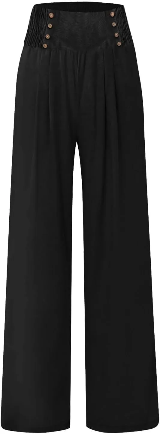 FlekmanArt Linen Wide Leg Pants Women Comfy Flowy High Waisted Beach Palazzo Pants with Pockets 2024