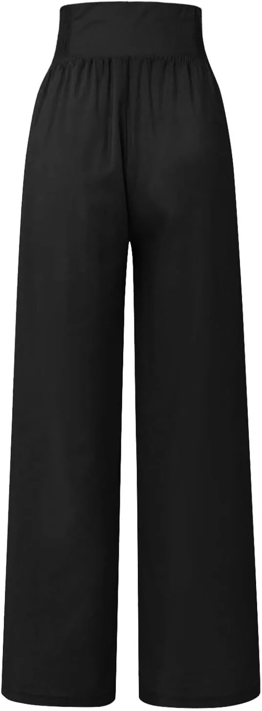 FlekmanArt Linen Wide Leg Pants Women Comfy Flowy High Waisted Beach Palazzo Pants with Pockets 2024