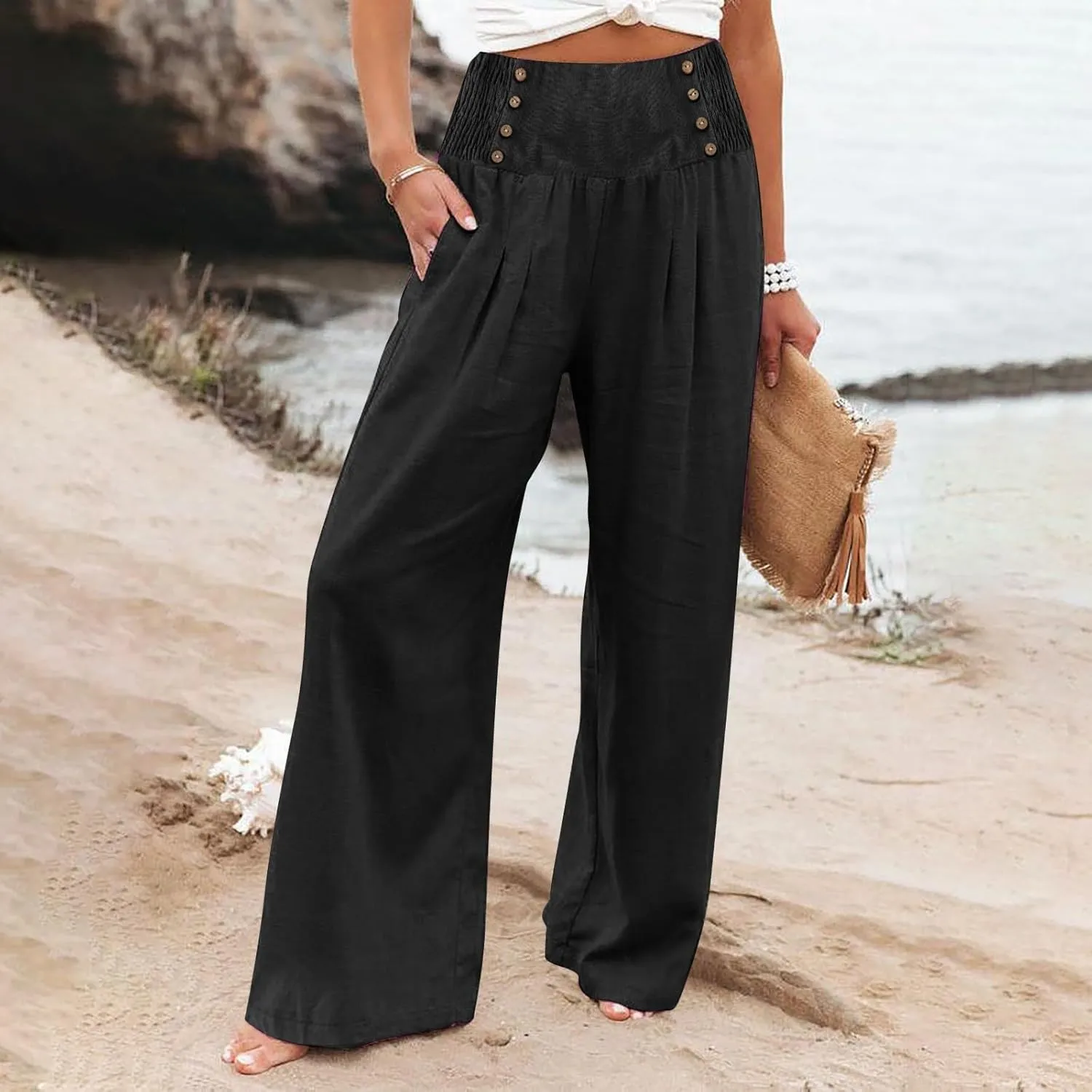 FlekmanArt Linen Wide Leg Pants Women Comfy Flowy High Waisted Beach Palazzo Pants with Pockets 2024