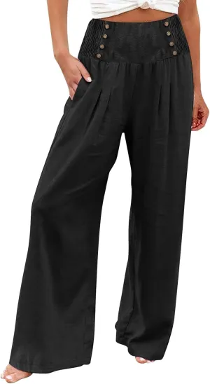 FlekmanArt Linen Wide Leg Pants Women Comfy Flowy High Waisted Beach Palazzo Pants with Pockets 2024