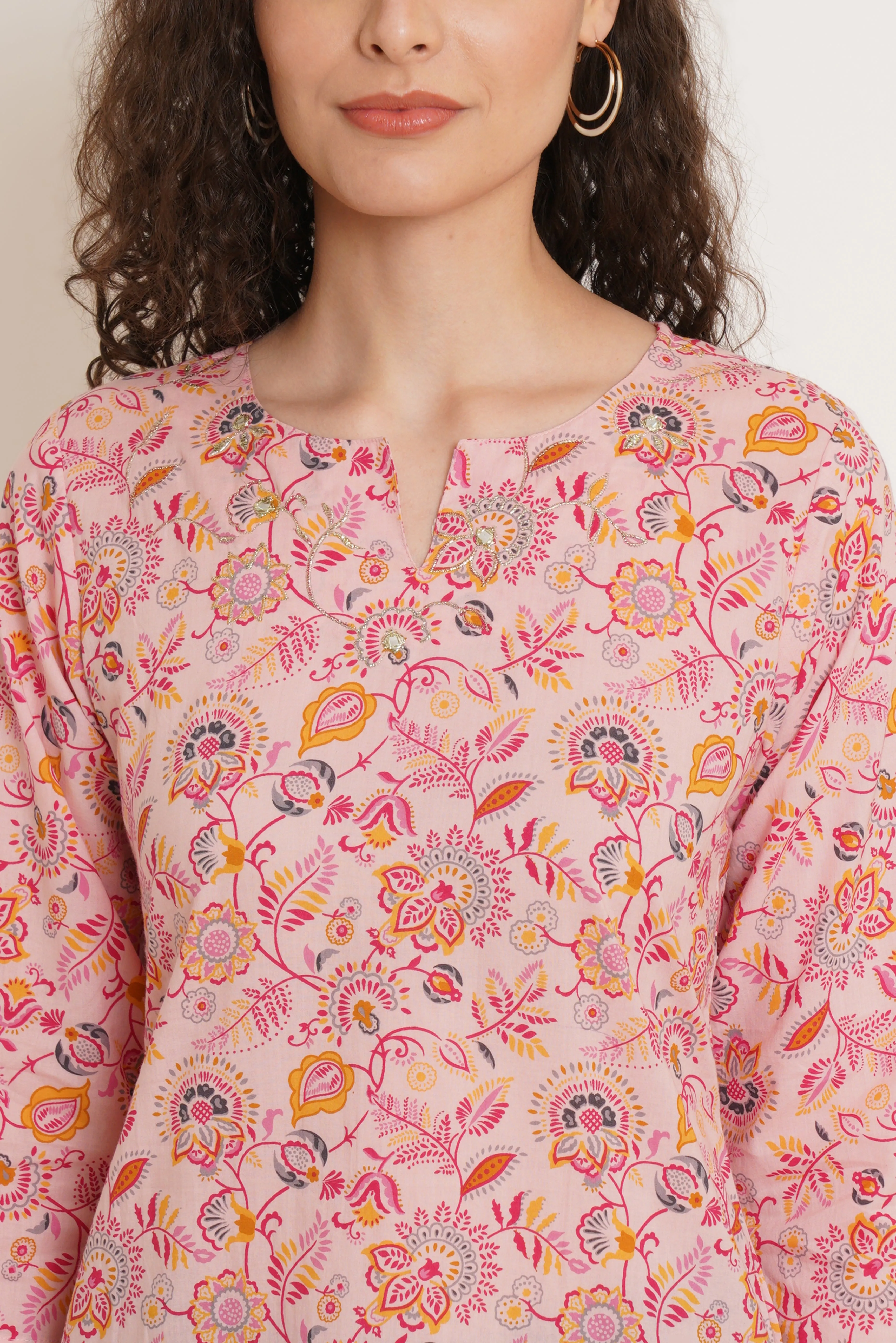 Floral Printed Pink Short Kurti for Women