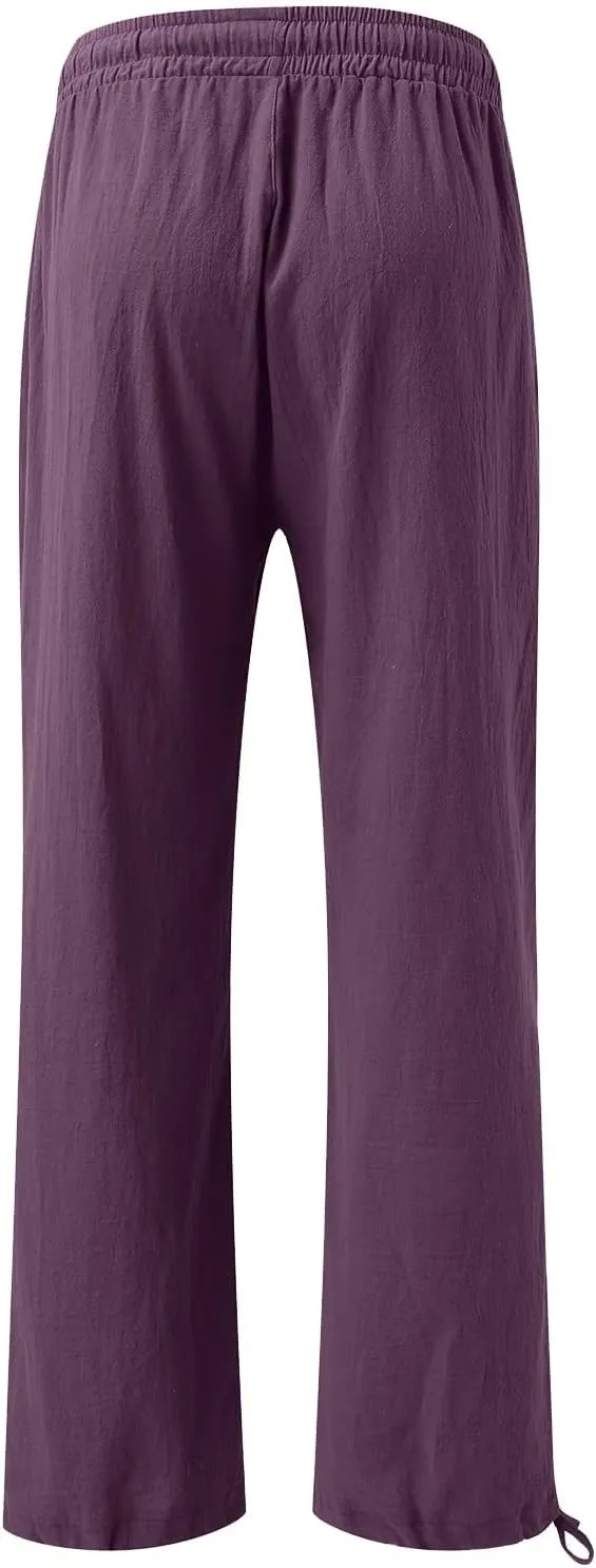 Flowy Pants for Women, Women Linen Palazzo Pants Summer Boho Wide Leg High Waist Casual Lounge Pant Trousers
