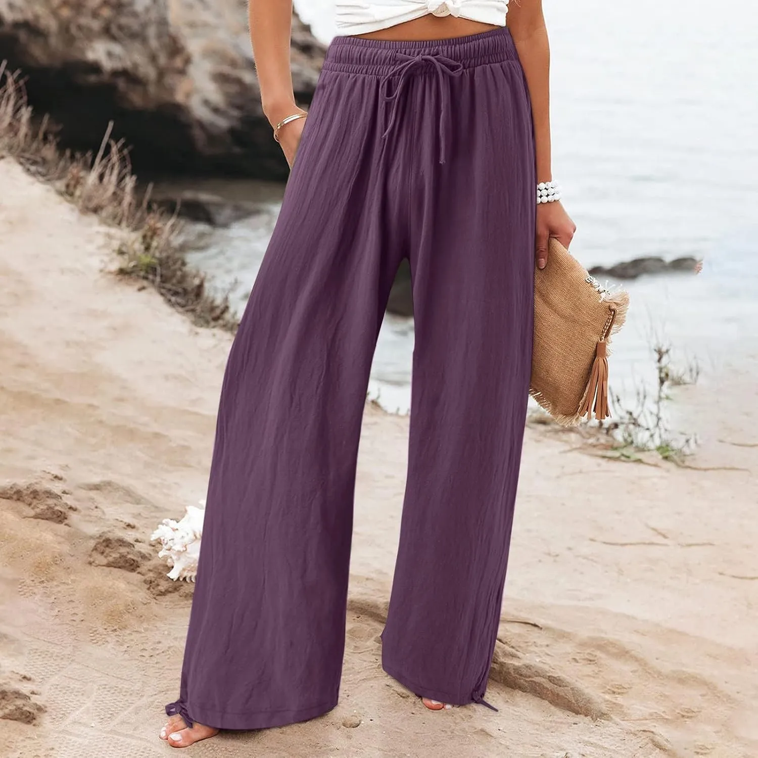 Flowy Pants for Women, Women Linen Palazzo Pants Summer Boho Wide Leg High Waist Casual Lounge Pant Trousers