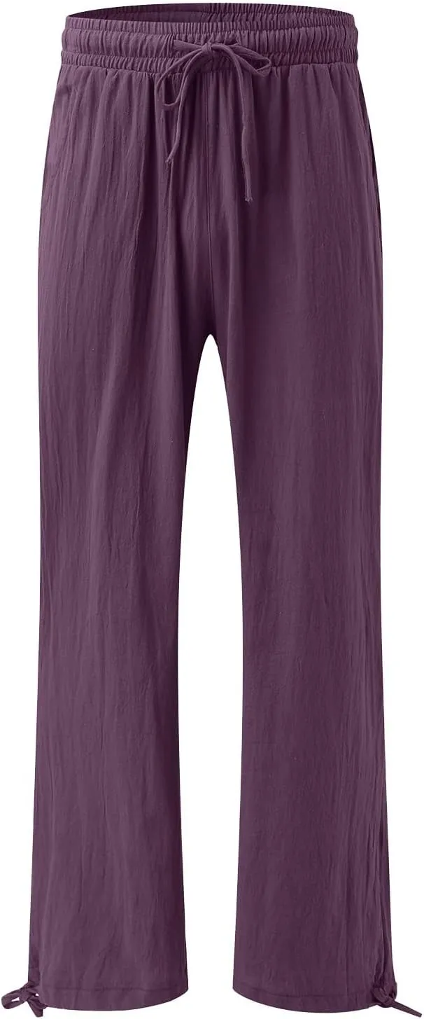 Flowy Pants for Women, Women Linen Palazzo Pants Summer Boho Wide Leg High Waist Casual Lounge Pant Trousers