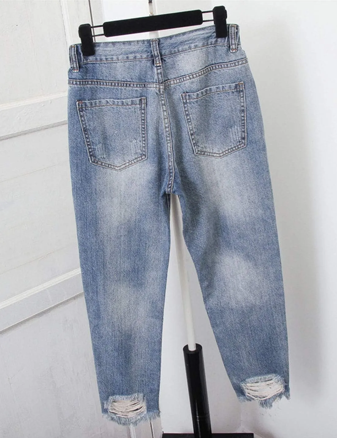 Flygo Women's Nine Point Denim Harem Pants Turnip Straight Retro High Waist Jeans