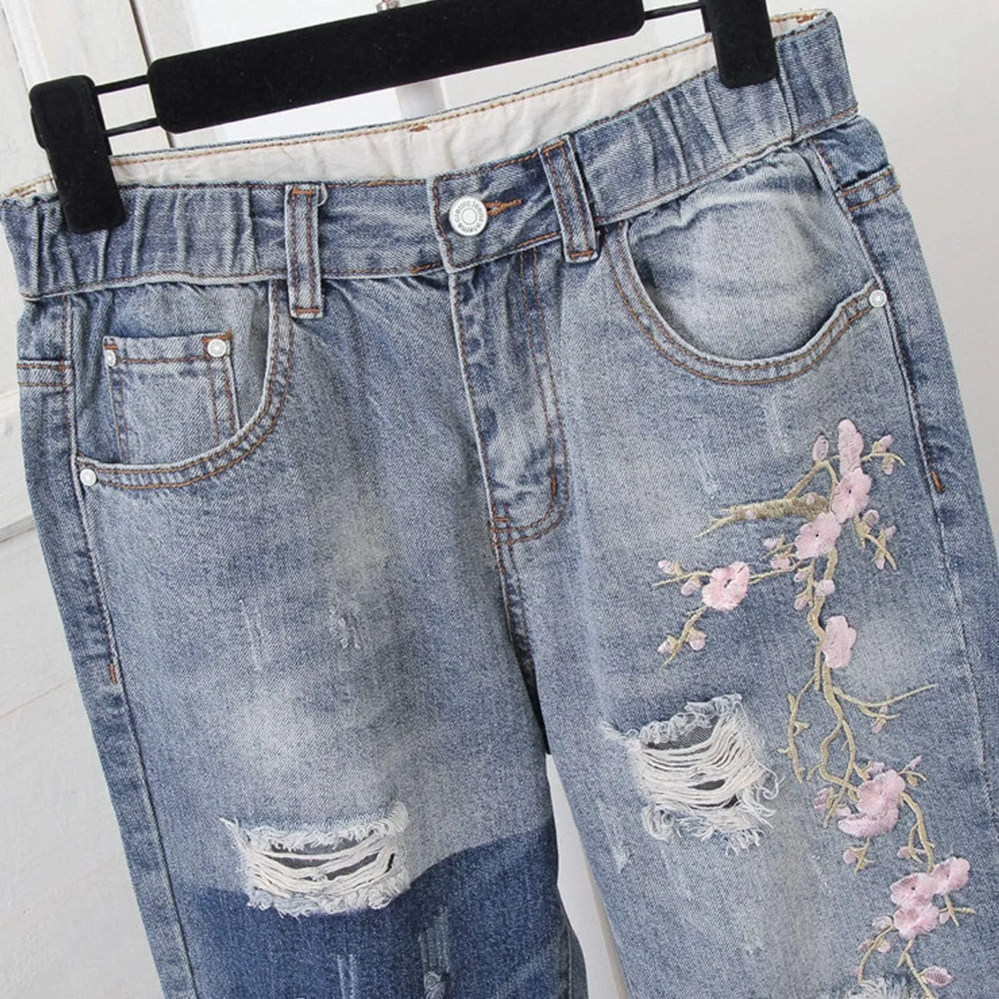Flygo Women's Nine Point Denim Harem Pants Turnip Straight Retro High Waist Jeans
