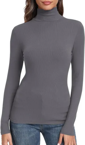 GEMBERA Womens Long Sleeve Turtle Neck Basic Slim Fitted Ribbed Knit Tops Thermal Shirts