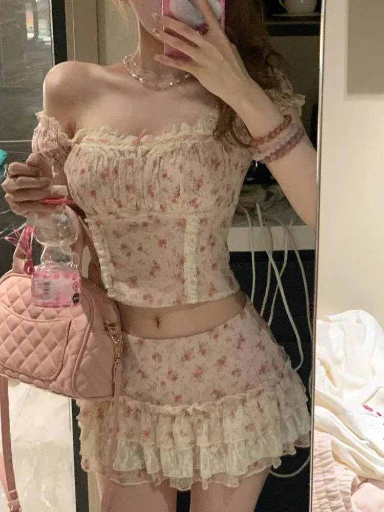 Girlary Sexy Cozy 2000s Aesthetic Outfits 2 Piece Skirt Set Pink Lace T-Shirts Puff Sleeve   Floral A-Line Skirt Korean Bohemian Sweet