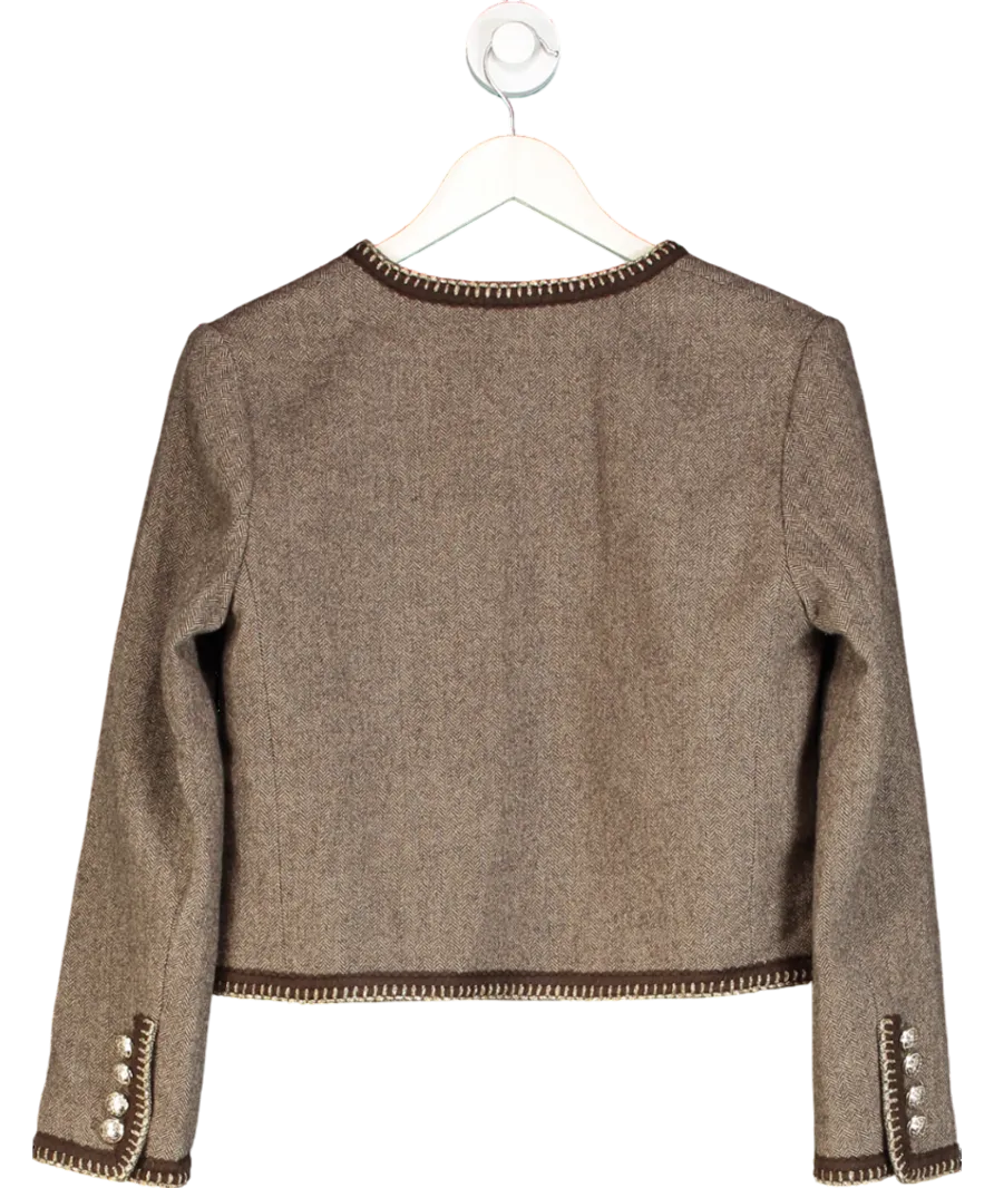 GOELIA Brown Brown Herringbone Tweed Jacket With Gold Buttons UK XS