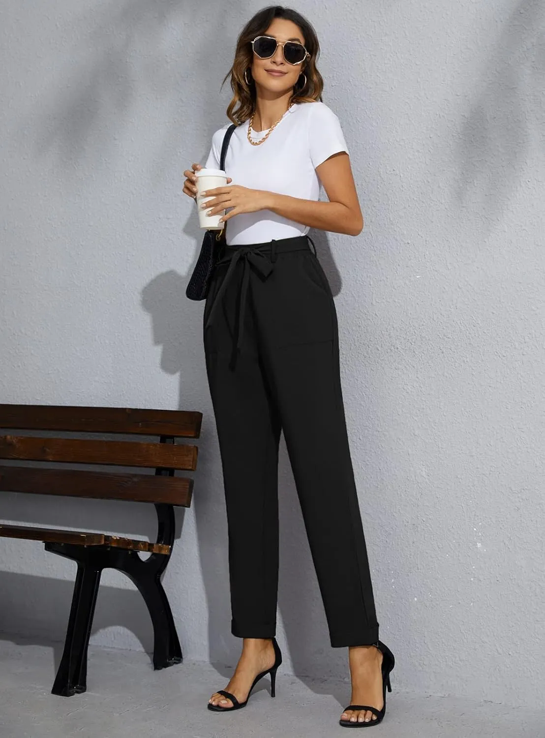 GRACE KARIN Women High Waist Pants with Belt Fold-up Leg Opening Pants with Big Pockets