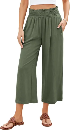 GRAPENT Capri Pants for Women High Waisted Wide Leg Linen Palazzo Trousers Pull On Elastic Smock Waist Loose Flowy Pants