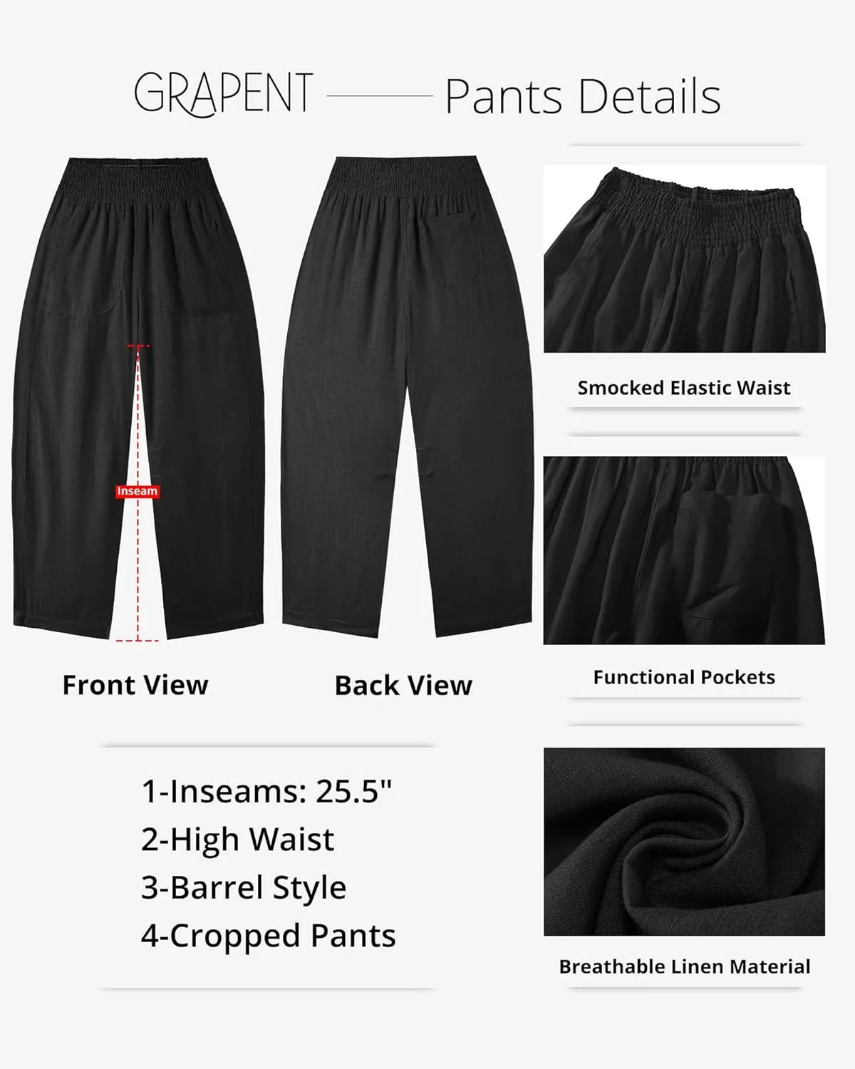 GRAPENT Linen Pants Women Wide Leg High Waisted Cropped Barrel Pull On Smocked Elastic Waist Summer Pants with Pockets