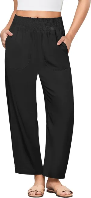 GRAPENT Linen Pants Women Wide Leg High Waisted Cropped Barrel Pull On Smocked Elastic Waist Summer Pants with Pockets