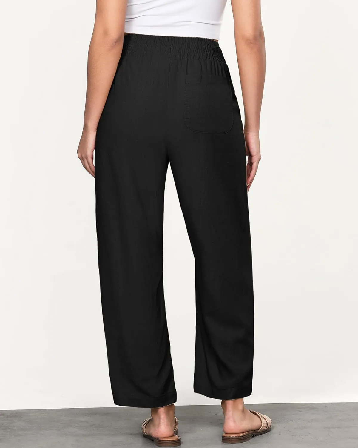 GRAPENT Linen Pants Women Wide Leg High Waisted Cropped Barrel Pull On Smocked Elastic Waist Summer Pants with Pockets