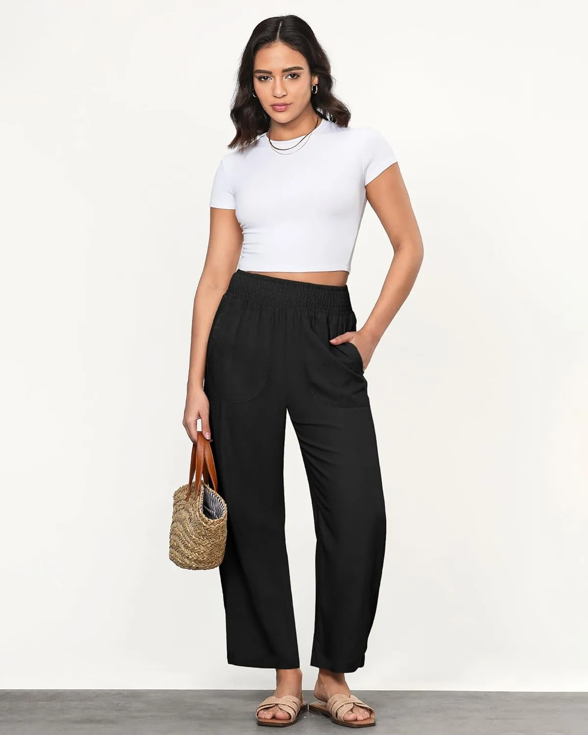 GRAPENT Linen Pants Women Wide Leg High Waisted Cropped Barrel Pull On Smocked Elastic Waist Summer Pants with Pockets