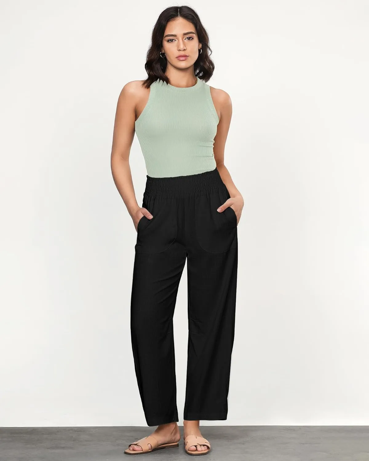 GRAPENT Linen Pants Women Wide Leg High Waisted Cropped Barrel Pull On Smocked Elastic Waist Summer Pants with Pockets