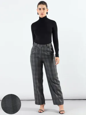 Grey Checkered High Waist Warm Pleated Trouser