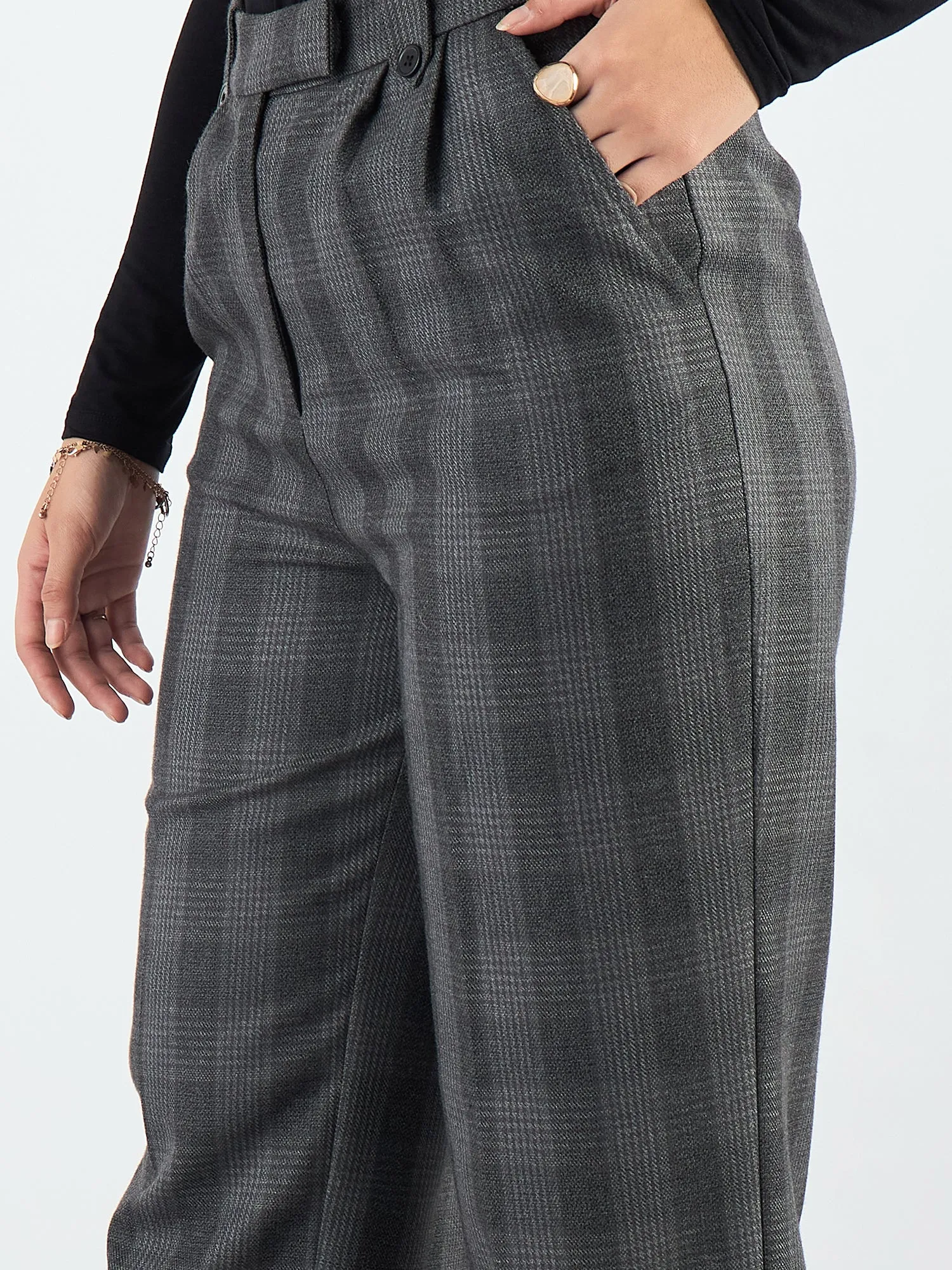 Grey Checkered High Waist Warm Pleated Trouser