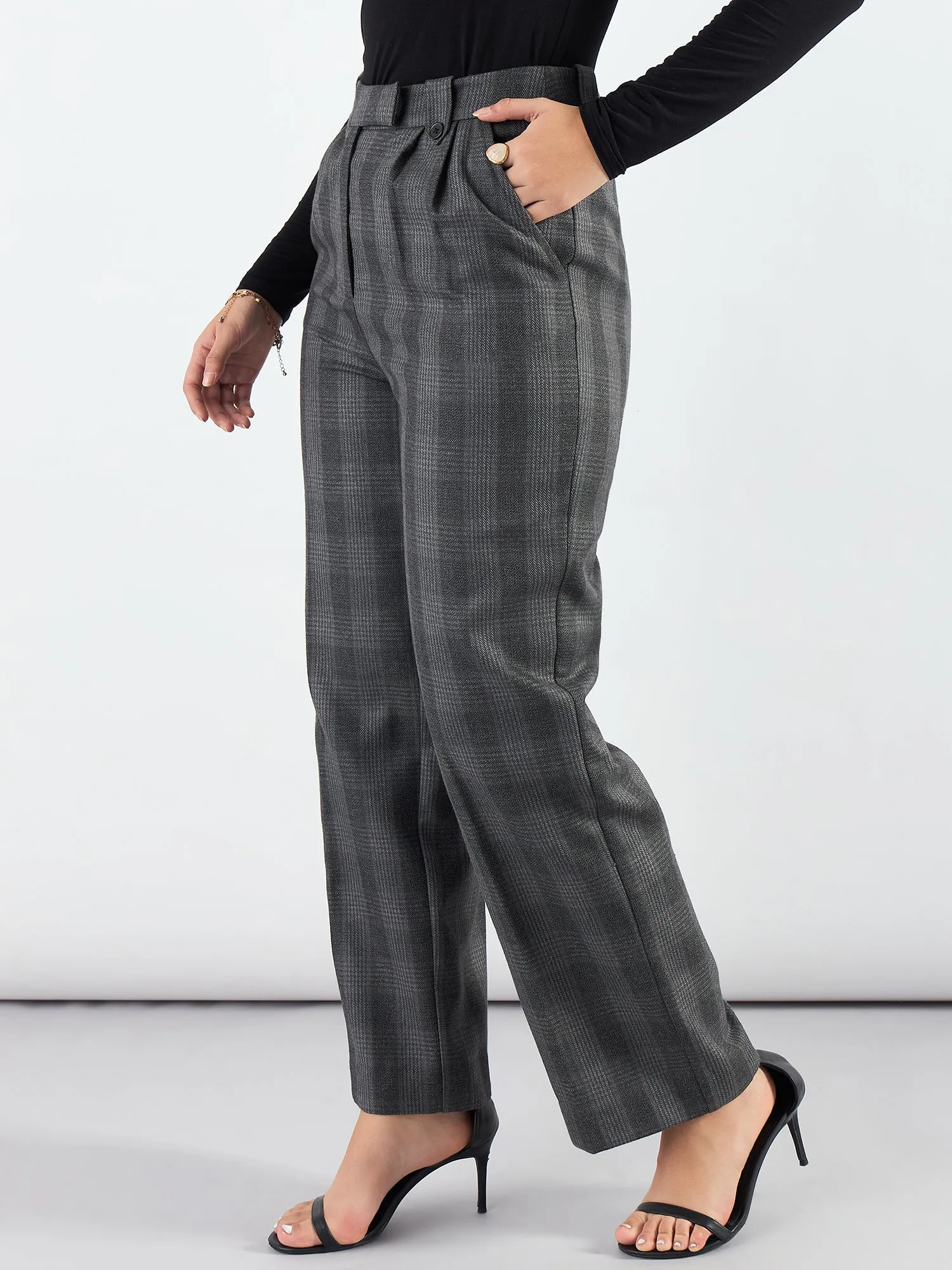 Grey Checkered High Waist Warm Pleated Trouser