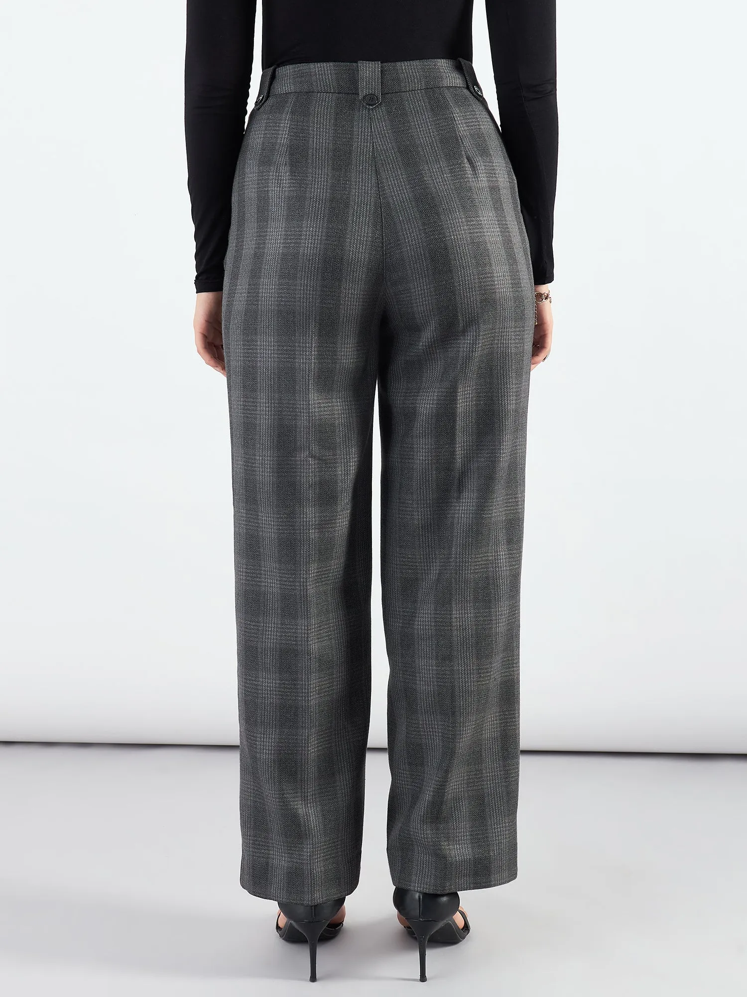 Grey Checkered High Waist Warm Pleated Trouser
