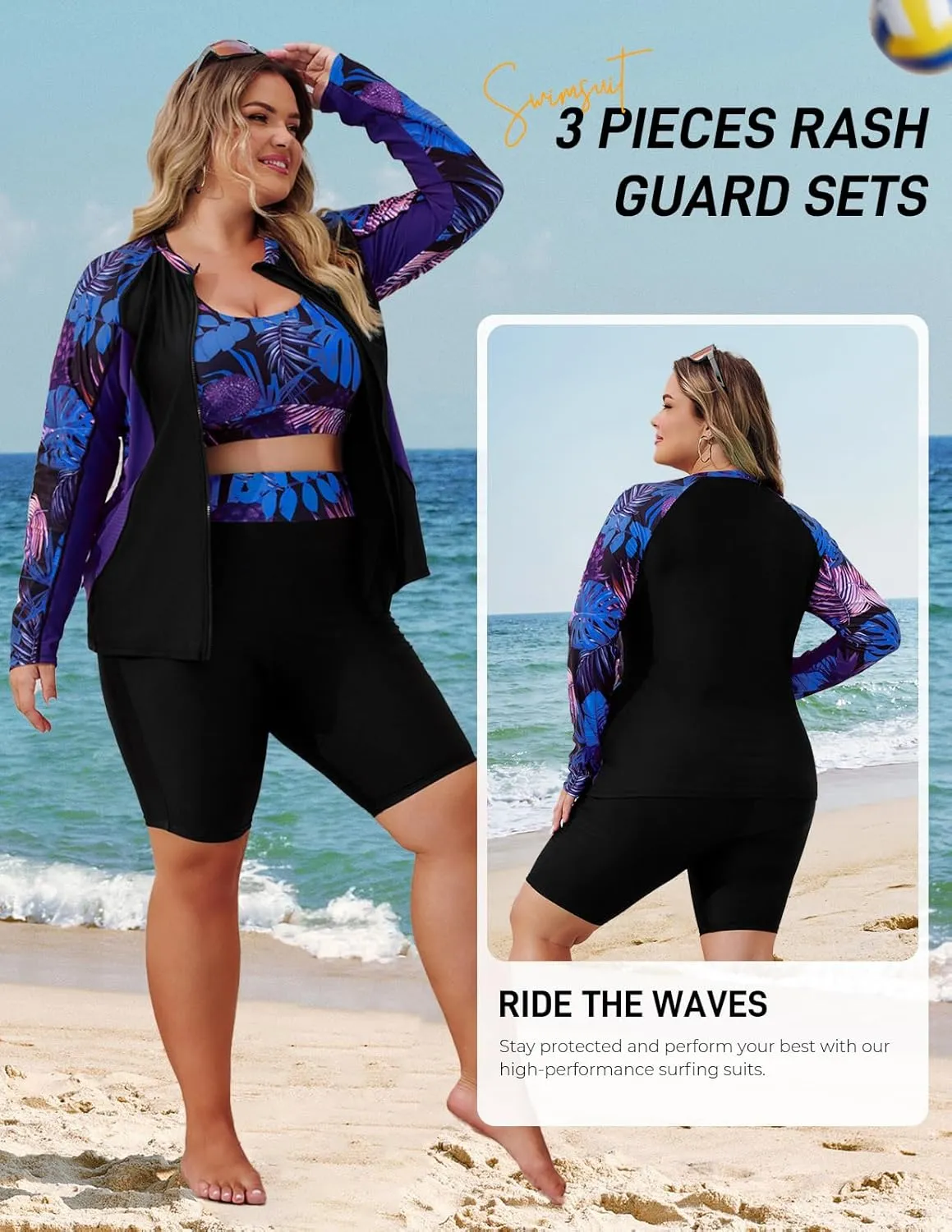 Hanna Nikole Women's 3 Piece Plus Size Rash Guard Long Sleeve Swim Shirt Sun Protection Swimsuits with Zip Pockets
