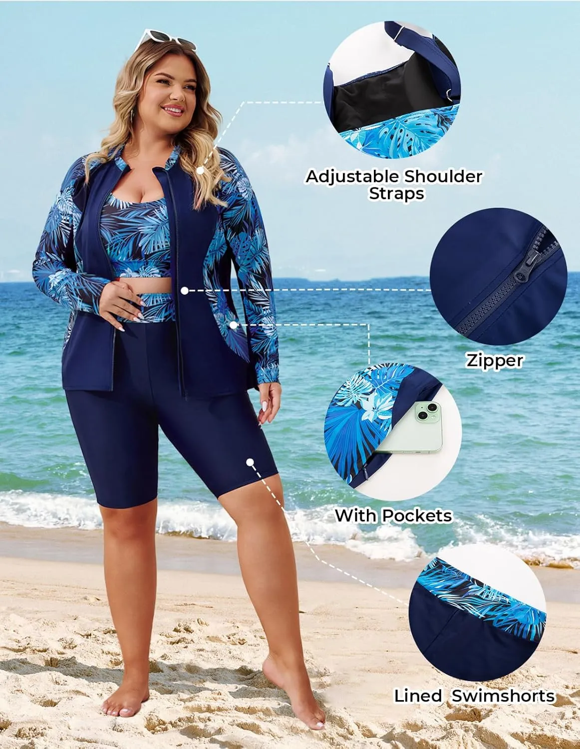 Hanna Nikole Women's 3 Piece Plus Size Rash Guard Long Sleeve Swim Shirt Sun Protection Swimsuits with Zip Pockets