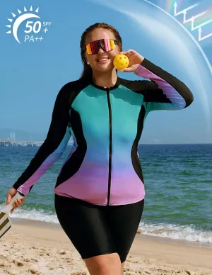 Hanna Nikole Women's 3 Piece Plus Size Rash Guard Long Sleeve Swim Shirt Sun Protection Swimsuits with Zip Pockets