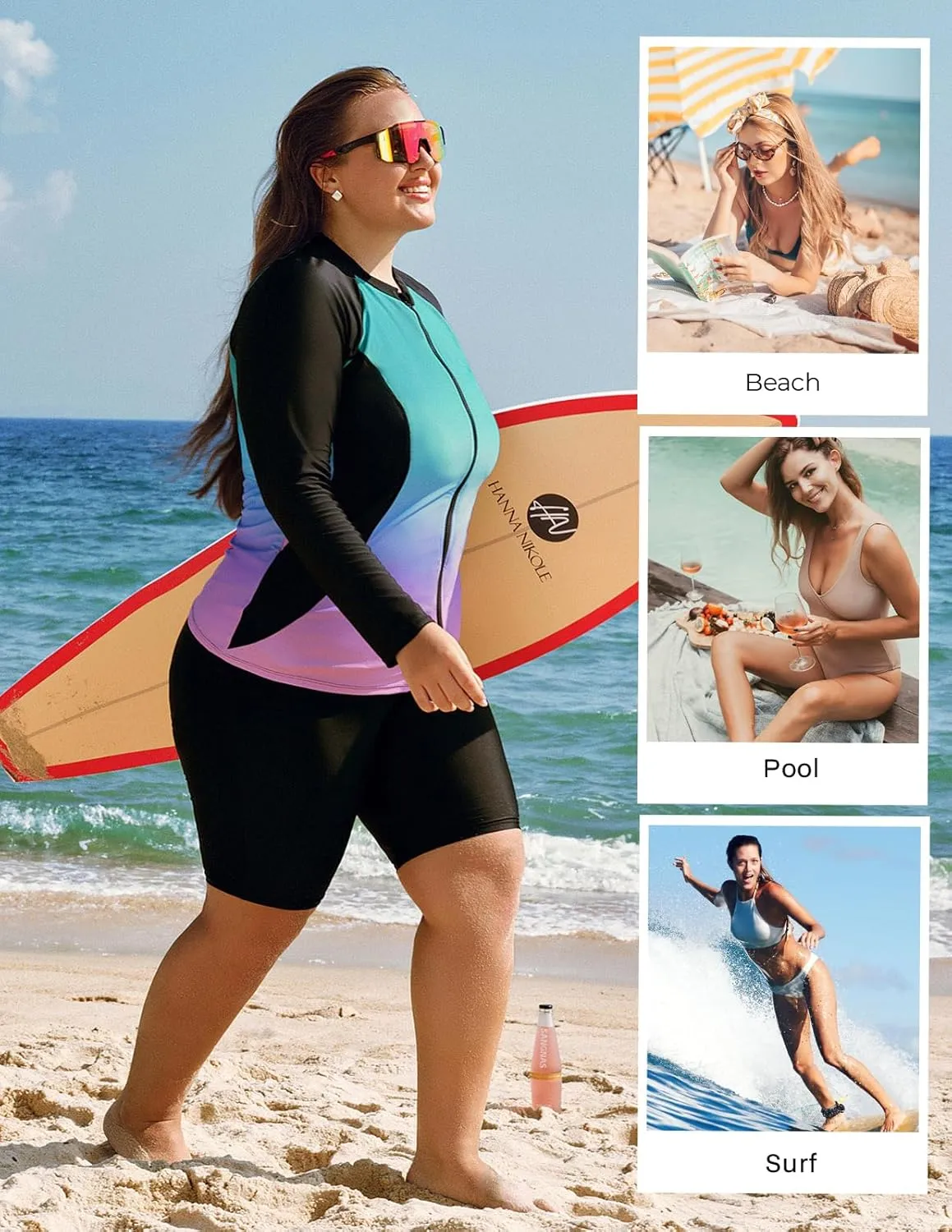 Hanna Nikole Women's 3 Piece Plus Size Rash Guard Long Sleeve Swim Shirt Sun Protection Swimsuits with Zip Pockets
