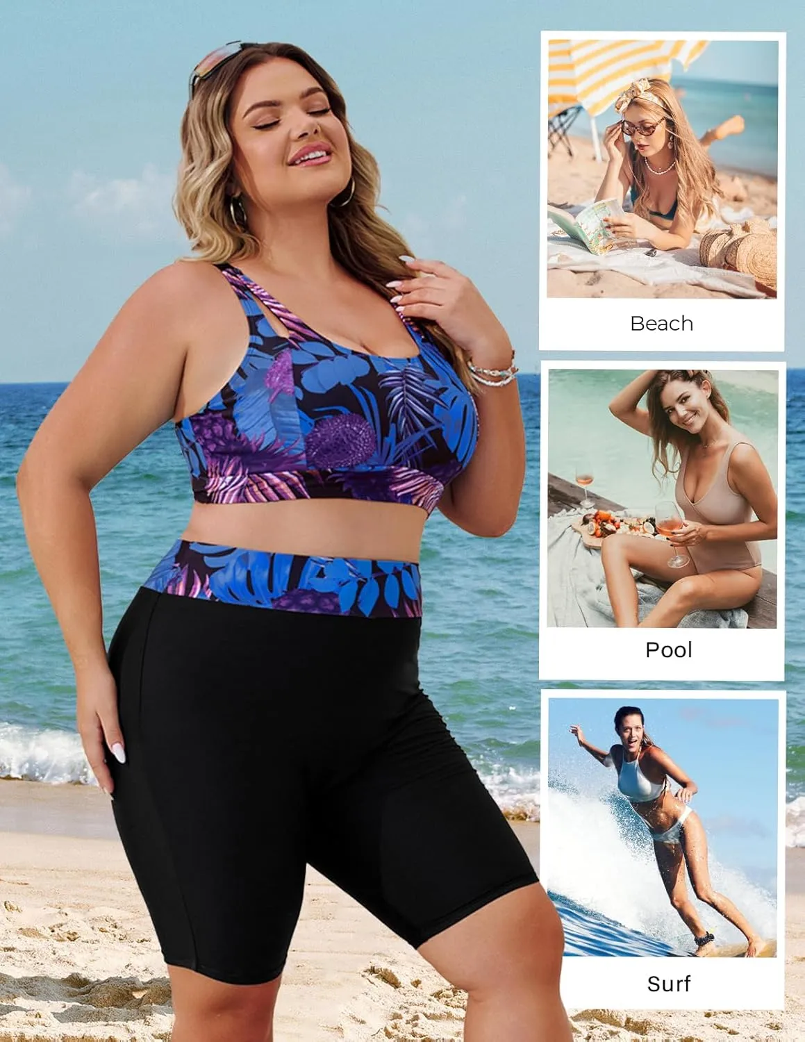Hanna Nikole Women's 3 Piece Plus Size Rash Guard Long Sleeve Swim Shirt Sun Protection Swimsuits with Zip Pockets