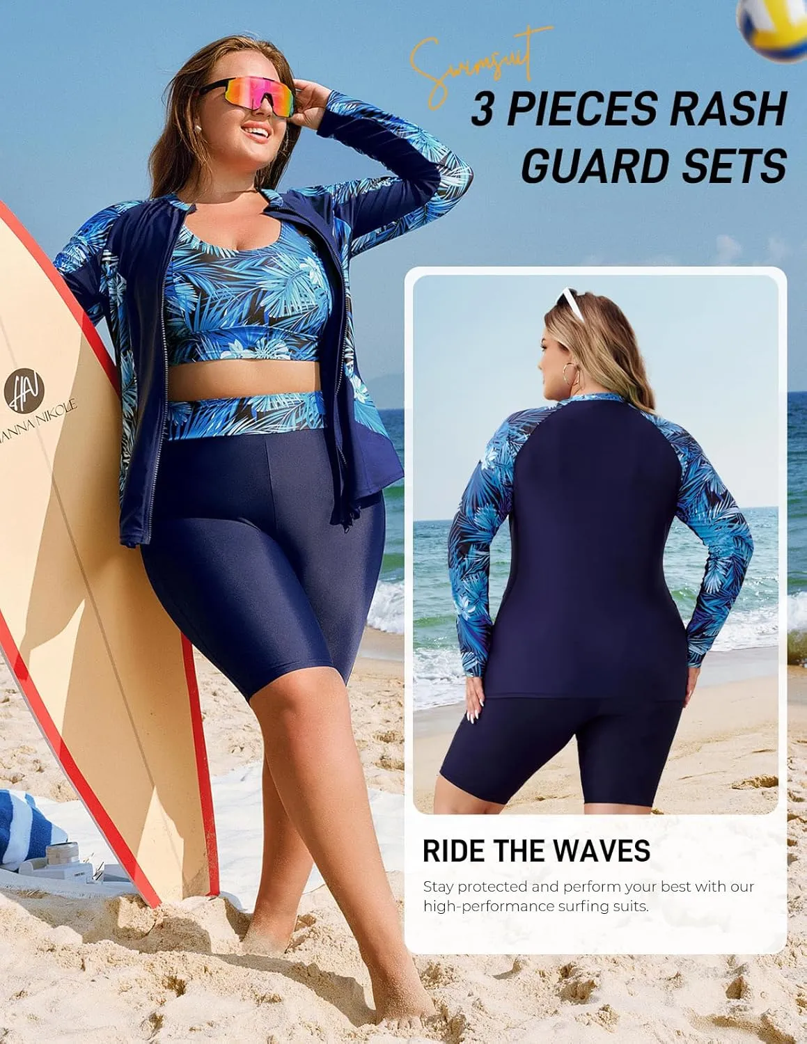 Hanna Nikole Women's 3 Piece Plus Size Rash Guard Long Sleeve Swim Shirt Sun Protection Swimsuits with Zip Pockets