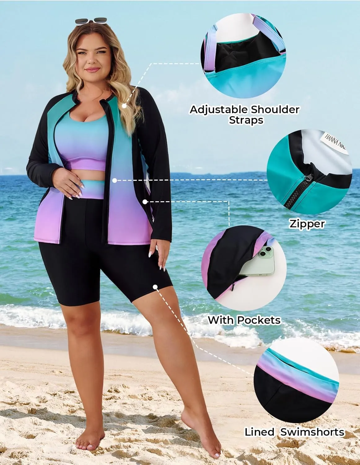 Hanna Nikole Women's 3 Piece Plus Size Rash Guard Long Sleeve Swim Shirt Sun Protection Swimsuits with Zip Pockets