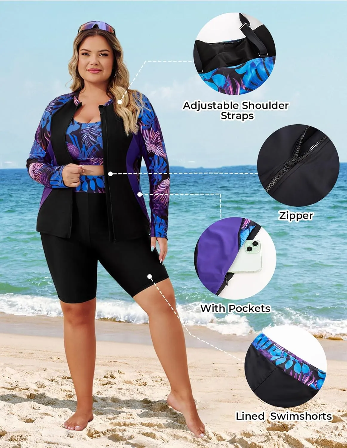 Hanna Nikole Women's 3 Piece Plus Size Rash Guard Long Sleeve Swim Shirt Sun Protection Swimsuits with Zip Pockets