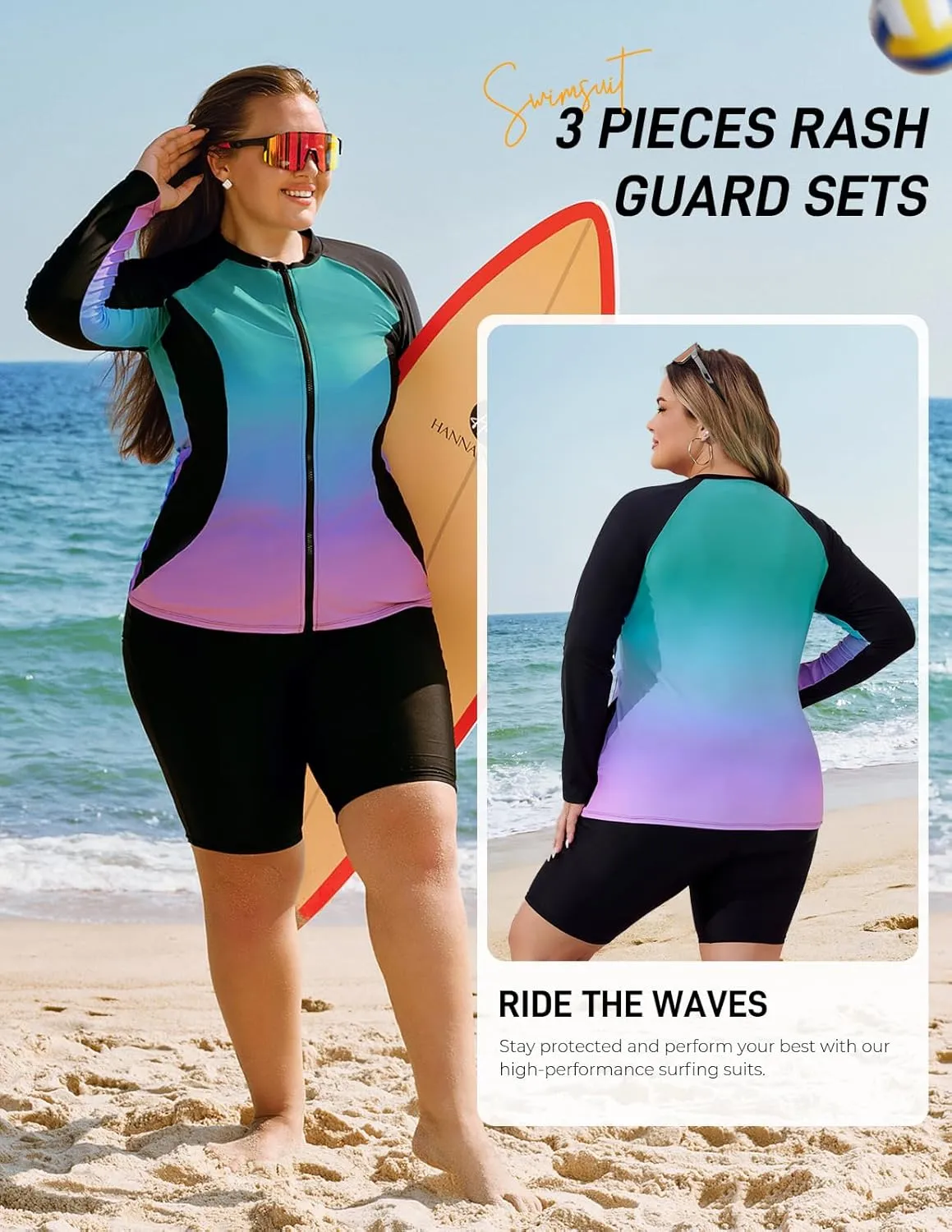 Hanna Nikole Women's 3 Piece Plus Size Rash Guard Long Sleeve Swim Shirt Sun Protection Swimsuits with Zip Pockets