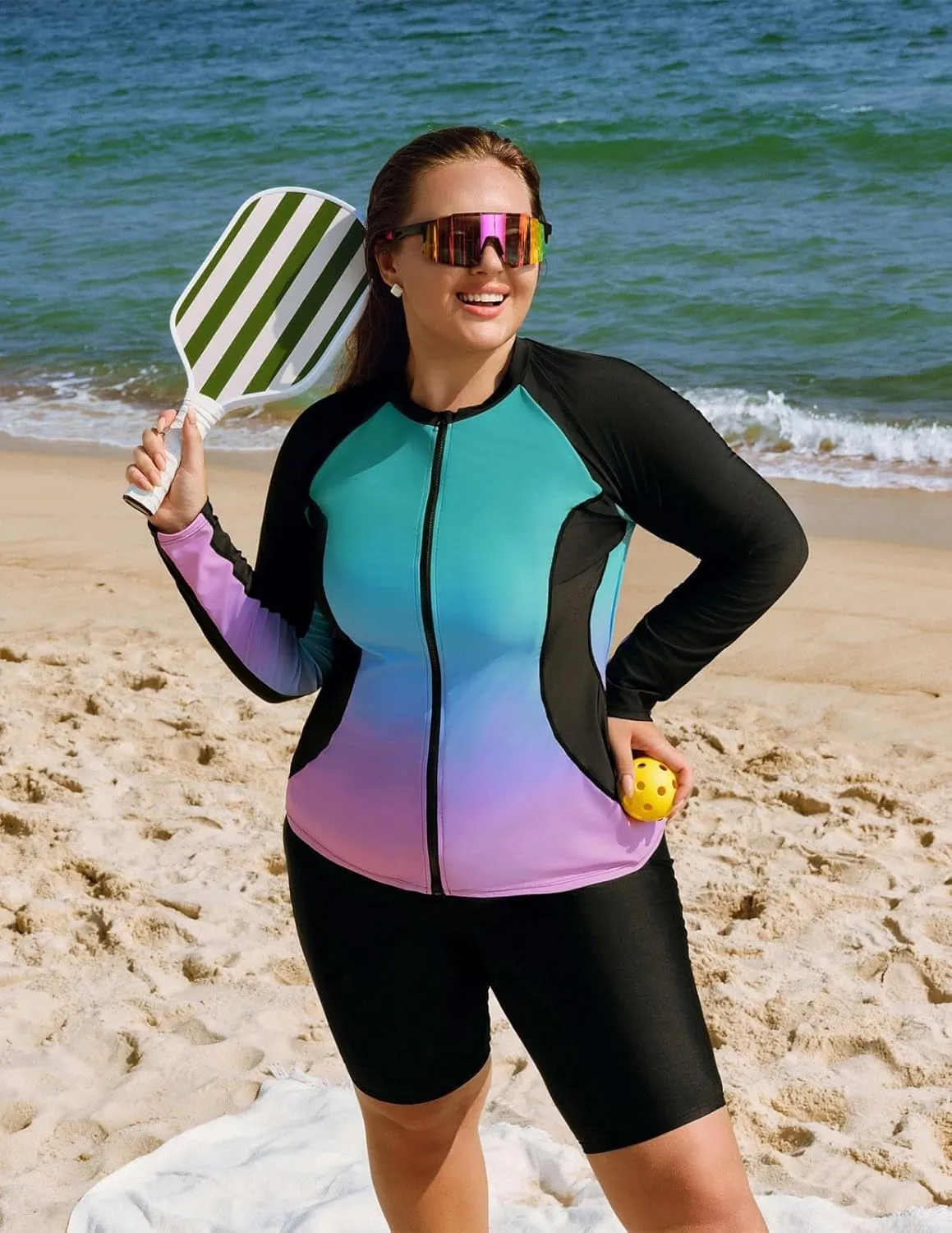 Hanna Nikole Women's 3 Piece Plus Size Rash Guard Long Sleeve Swim Shirt Sun Protection Swimsuits with Zip Pockets