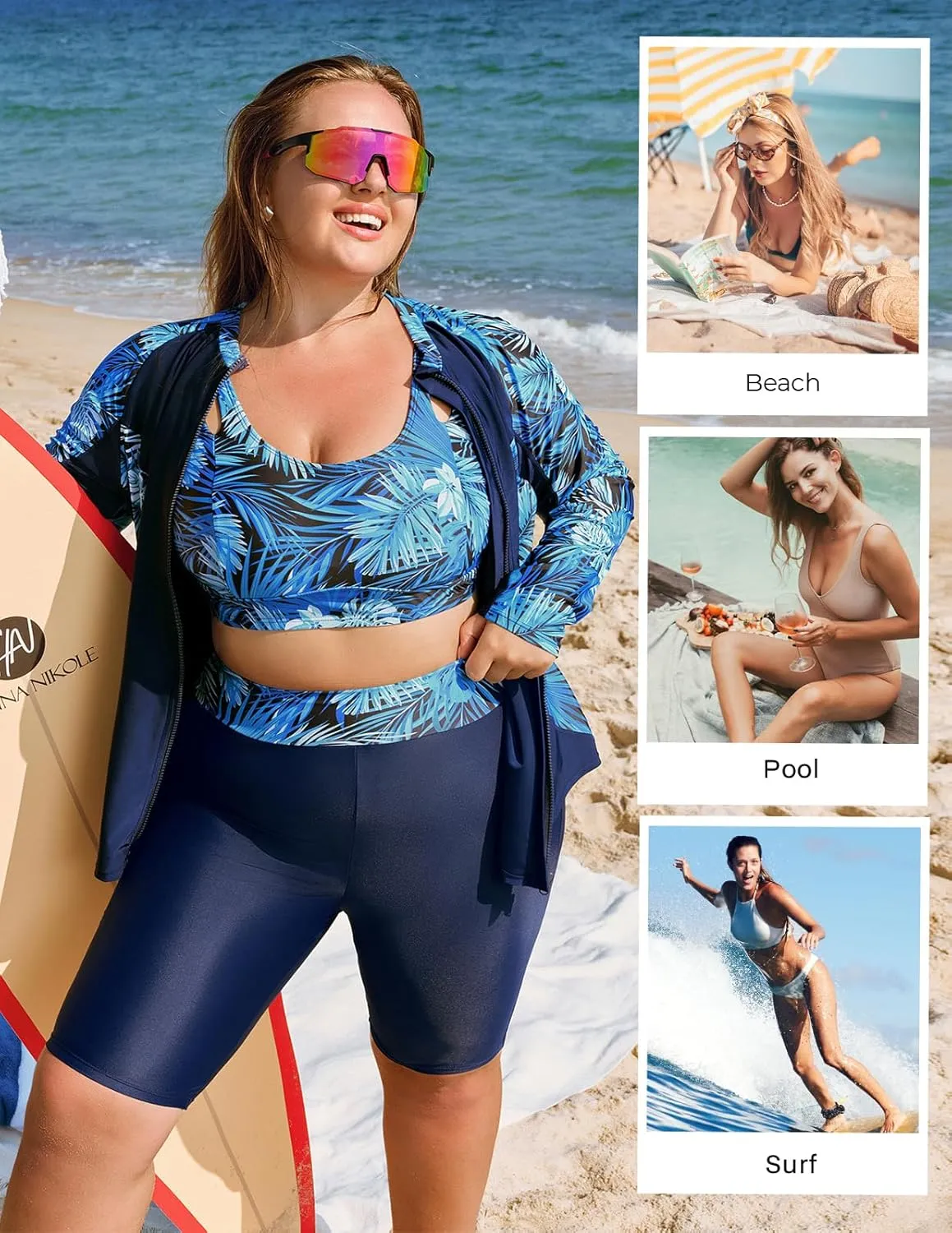 Hanna Nikole Women's 3 Piece Plus Size Rash Guard Long Sleeve Swim Shirt Sun Protection Swimsuits with Zip Pockets