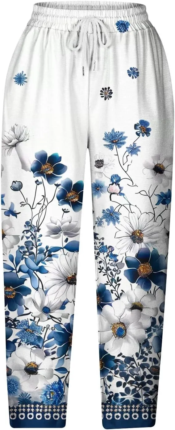 Hawaii Capri Pants for Women Casual Tropical Floral Print Pants Elastic High Waist Drawstring Summer Beach Trousers