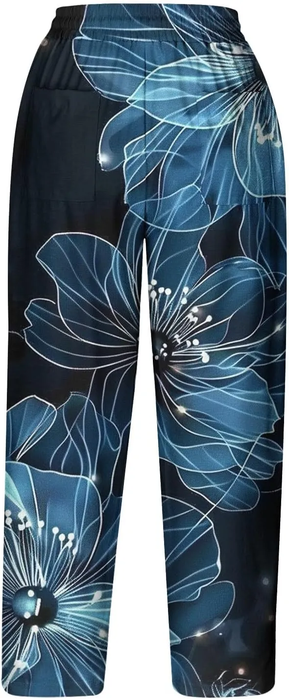 Hawaii Capri Pants for Women Casual Tropical Floral Print Pants Elastic High Waist Drawstring Summer Beach Trousers
