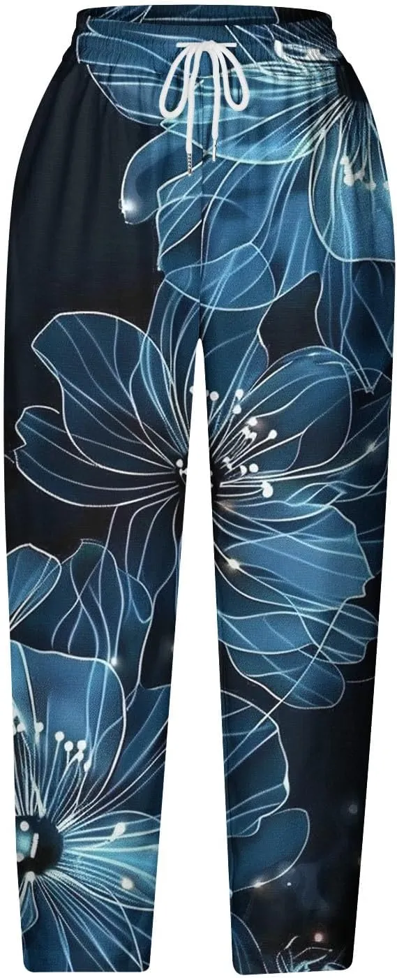 Hawaii Capri Pants for Women Casual Tropical Floral Print Pants Elastic High Waist Drawstring Summer Beach Trousers