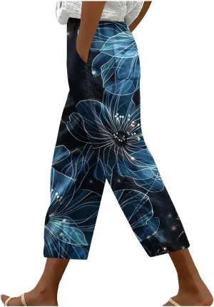 Hawaii Capri Pants for Women Casual Tropical Floral Print Pants Elastic High Waist Drawstring Summer Beach Trousers